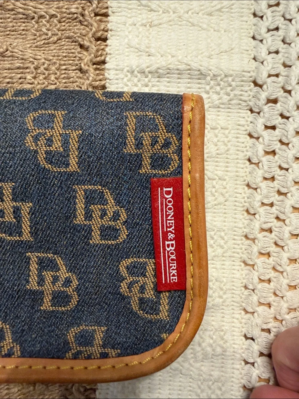 Dooney & Bourke Denim Monogram Wristlet with Tan Leather Trim